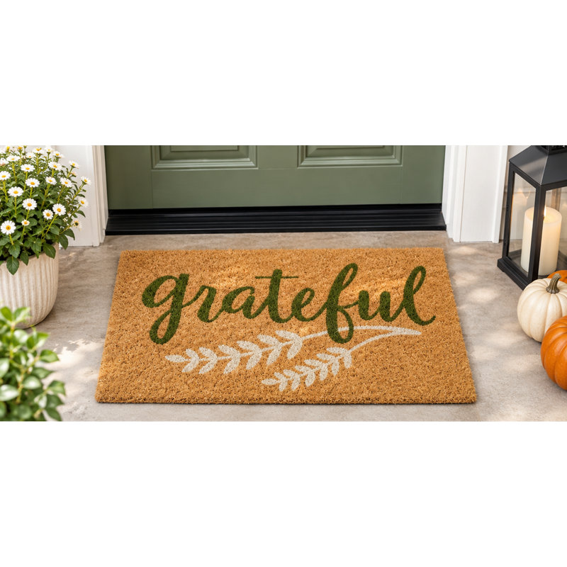 Tapis de porte en fibre de coco avec inscription « Grateful Script » - 45,7 x 76,2 cm (18 x 30 po) - Dos en caoutchouc