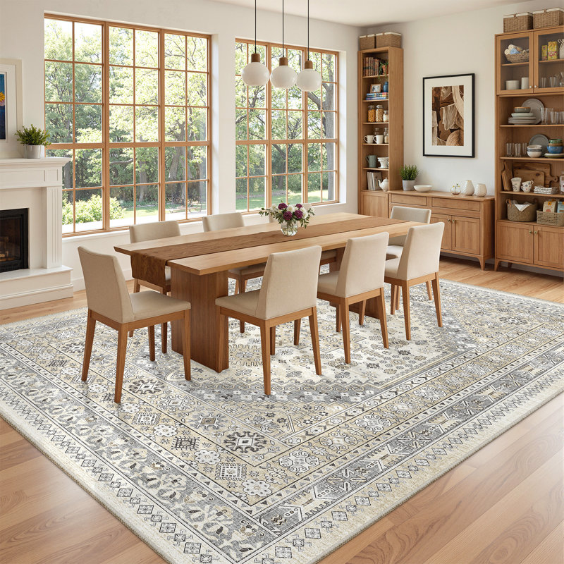 Area Rugs for Living Room,Non-Slip Washable Rugs, Stain Resistant Home Decor Rug, Rectangle 9 pi x 12 pi, Gris/beige