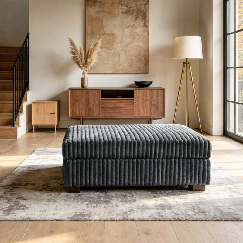 Upholstered Gray Faux Rabbit Fur Flannel Rectangle Ottoman, Single Ottoman Modular Part For Sectional Sofa, Gray