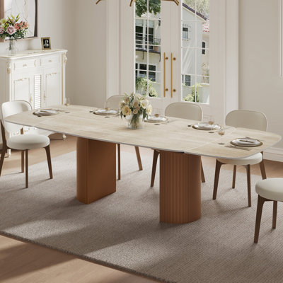 63-94.5" Modern Extendable Retangular Dining Table For 4-10, Sintered Stone Table Top, With Brown Wood Double Base