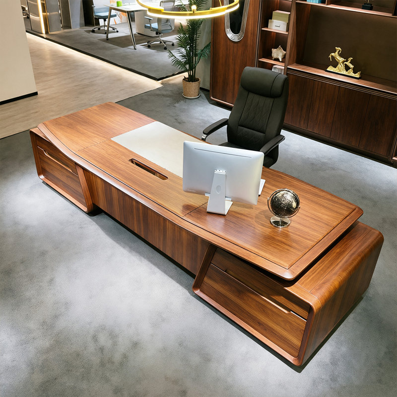 Bureau de direction 86,61 po luxueux et haut de gamme en bois de cire blanc brun, H 29,53 po x l 86,61 po x P 31,5 po