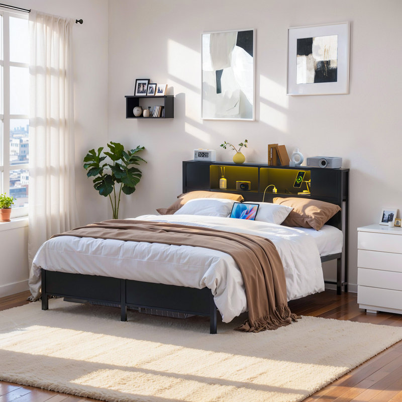 Kailynn Metal Bed Frame with Headboard, LED Lights and USB Ports, Large Storage Space, Queen, Black