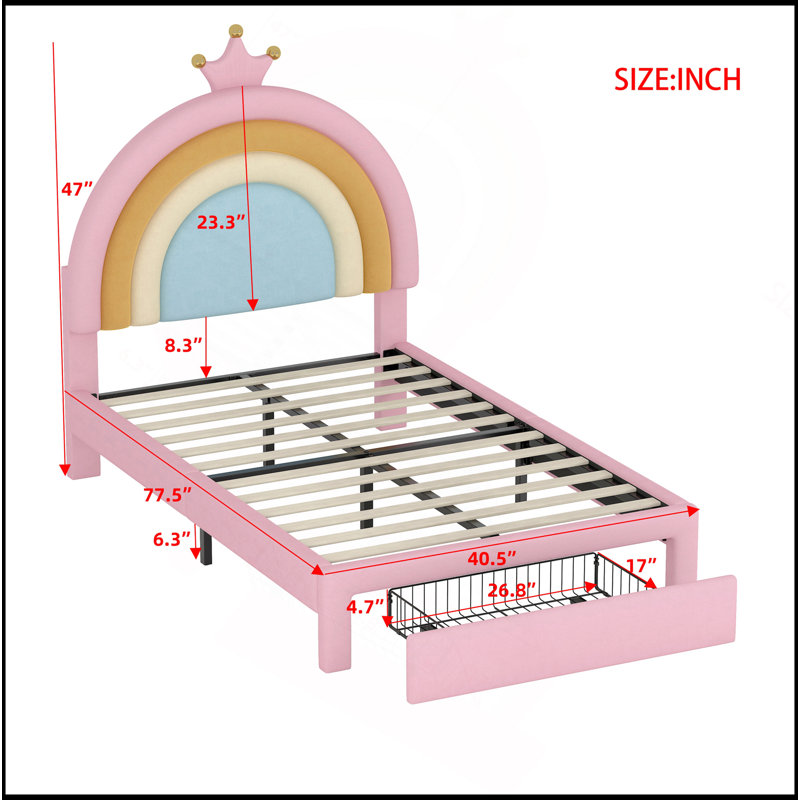 Lit tapissier arc-en-ciel, lit plateforme en velours avec tiroir de rangement, aucun sommier tapissier nécessaire, Lit simple