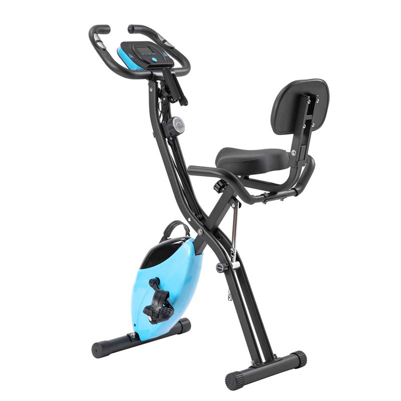 Vélo d'exercice pliable 2-en-1 - X-vélo debout et couché avec 16 niveaux de résistance, bandes de bras et dossier, Bleu clair