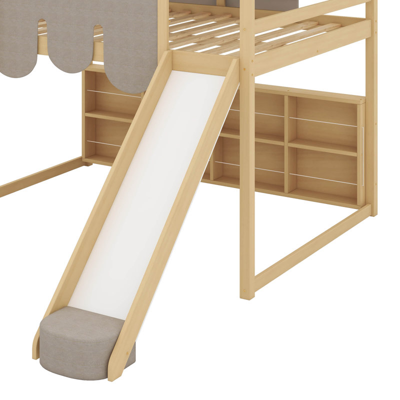 Lit simple mezzanine en bois en forme de maison avec une tente, Simple, Naturel / Beige