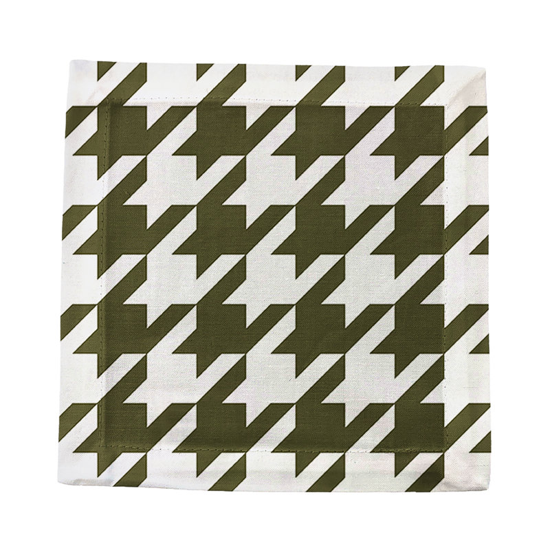 Houndstooth Cotton Sateen Cocktail Napkins, Green/White