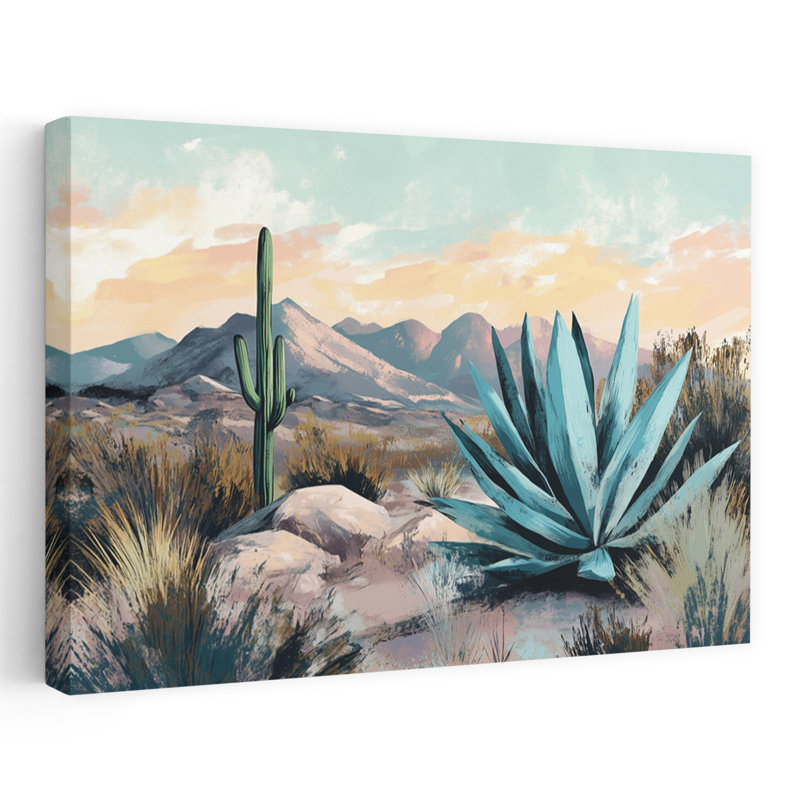 Coucher de soleil dans le désert - art contemporain aux couleurs pastel de cactus du désert, H 24 po x l 16 po