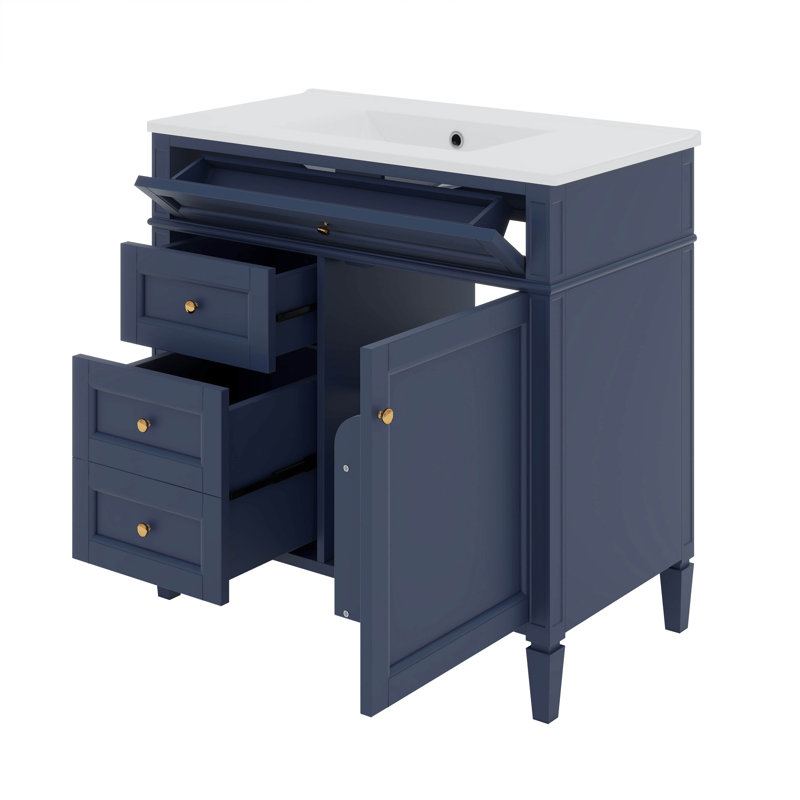 Meuble-lavabo blanc 36 po avec lavabo supérieur, armoire de rangement moderne à 2 tiroirs et plateau basculant, Bleu, Doré
