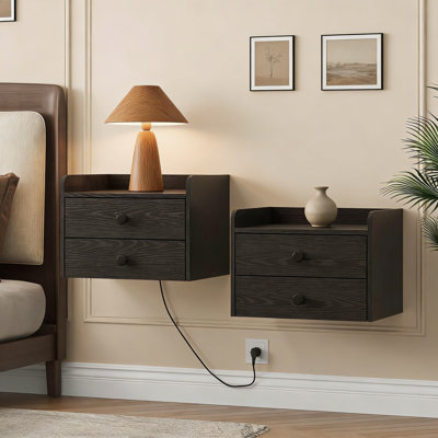 Ensemble de 2 tables de chevet flottantes avec station de charge, tables de chevet murales avec tiroirs de rangement pour chambre à coucher et petits espaces