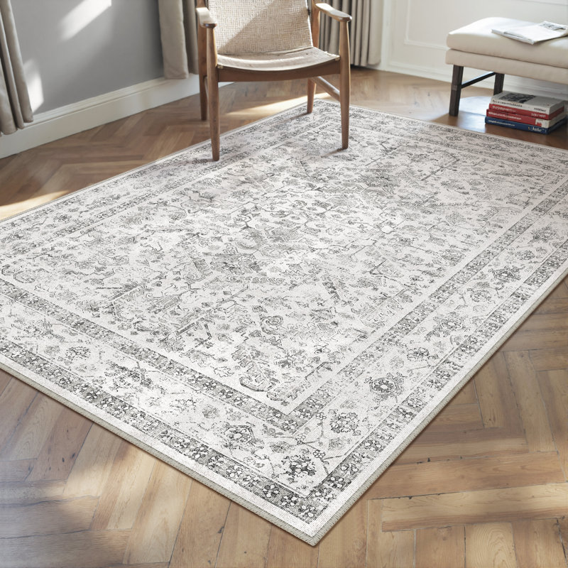 Stella Vintage Style Machine Washable Grey Area Rug With Non-Slip Backing, Rectangle 3' x 5'
