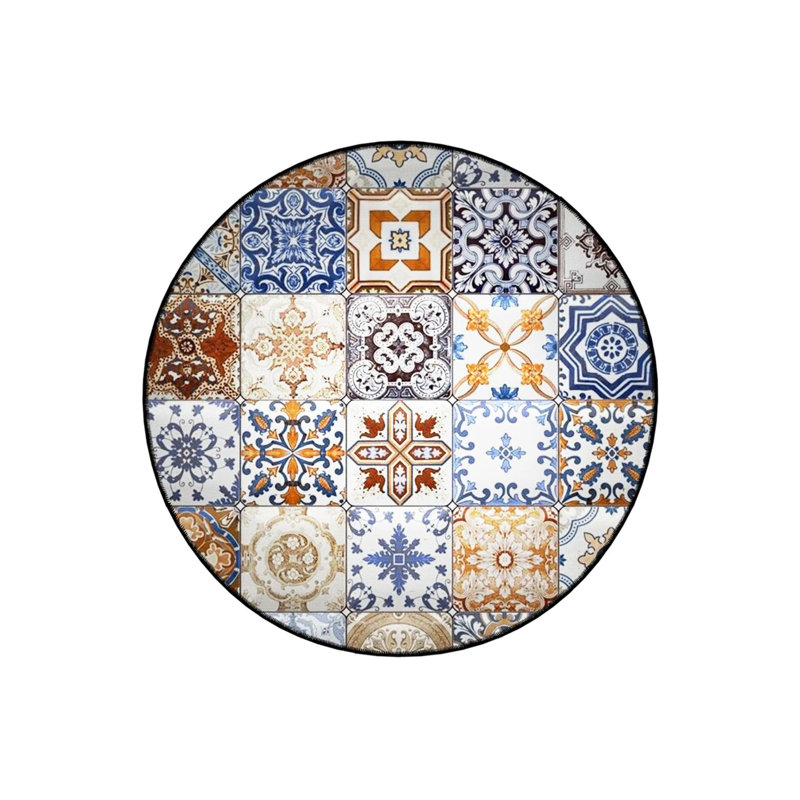 Orange Blue Beige Tile Patterned Woven Base Decorative Carpet, Round 4'