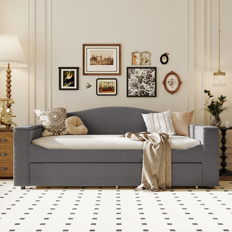 Lit de jour rembourré avec couchette, Gris, Lit simple