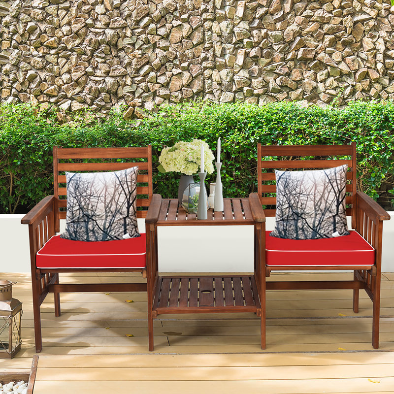 Ensemble de conversation de patio pour 2 personnes en bois d'acacia avec coussins, Rouge