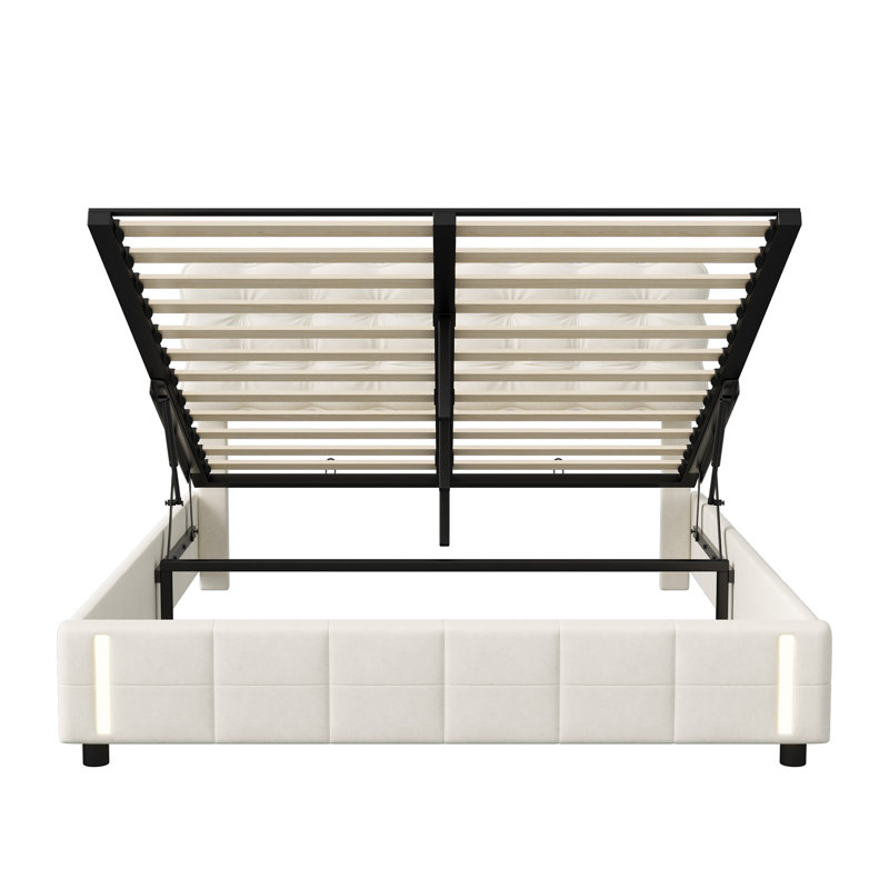 EU Double & King Size Velvet Ottoman Bed With Motion Sensor LED Lights, Upholstered Cloud Tufted Frame, Beige 