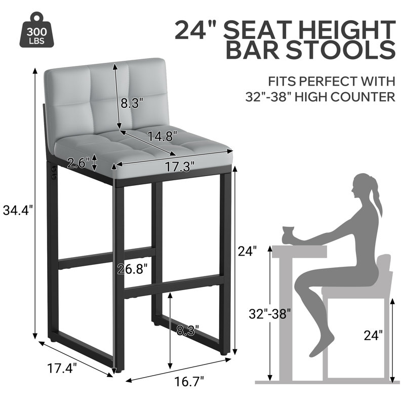 Sturdy Modern Low-Back Counter Height Bar Stools with Metal Frame and Faux Leather Upholstery, Light Gray, 4