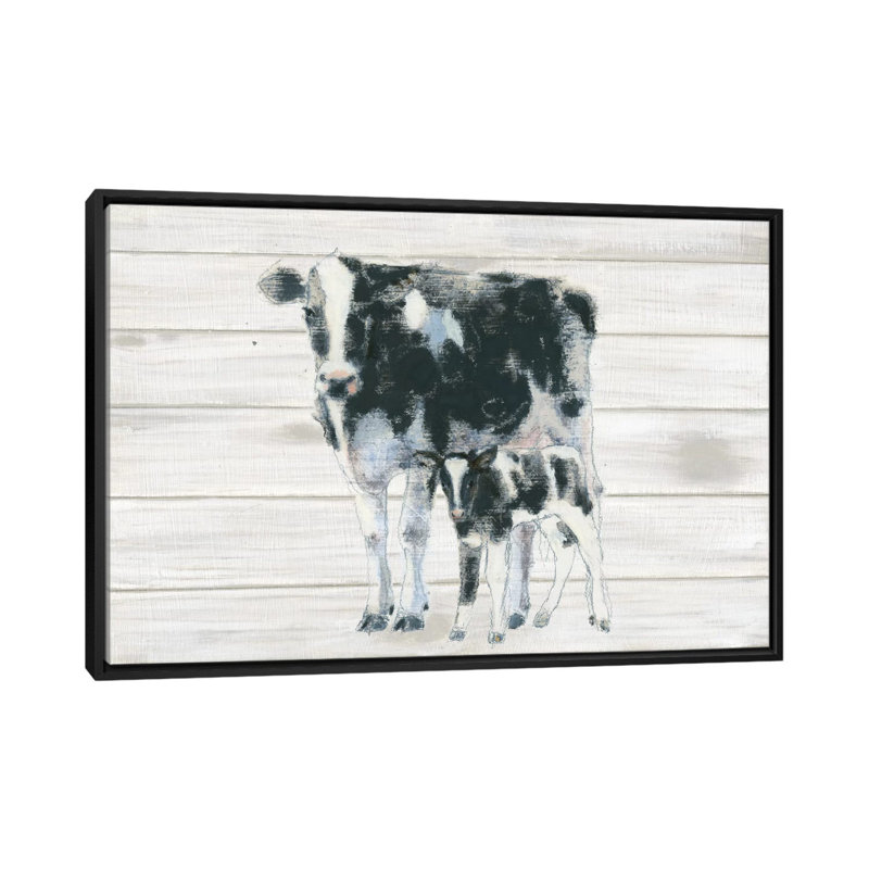 « Cow and Calf on Wood », impression sur toile tendue, H 18 po x l 26 po x P 1,5 po, Toile avec cadre noir, Pas de tapis