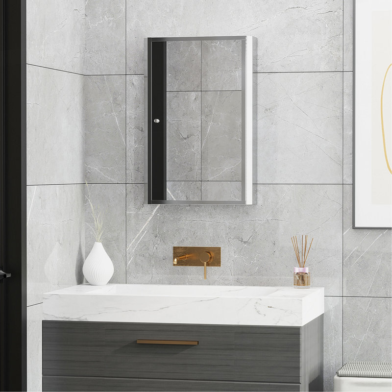 Armoire de salle de bain à miroir avec cadre vertical en acier inoxydable 16 po x 24 po, organisateur de rangement mural avec porte simple