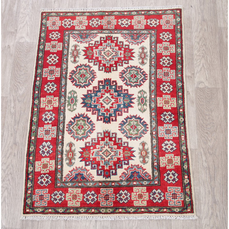 Tapis unique en laine noué à la main style Kazak rouge / beige des années 2010 de 2 pi 8 po x 3 pi 9 po Nishika