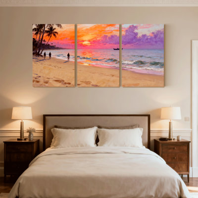 beach Sunset Beach Palm Trees People Ocean Waves Sky Set of 3 Canvas Wall Art Prints