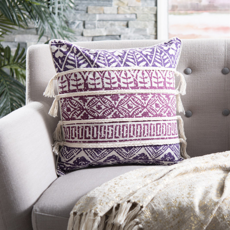 Mela 18" Beige and Purple Tassel Throw Pillow