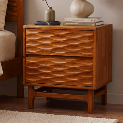 Elara Solid Wood 2-Drawer Nightstand with Carved Wood Grain, Mid-Century Modern Bedside Table & Side Table, Smooth Gliding Drawers, Easy Assembly, Caramel Finish