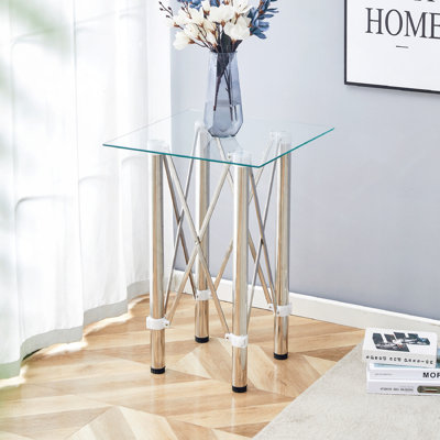 Table de salle à manger extensible en verre carré: verre trempé transparent de 20 po, pieds télescopiques en métal argenté, accessoire à ventouse, un choix chic pour les intérieurs modernes
