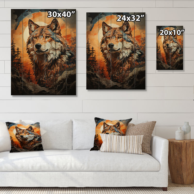 Loup amérindien orange brun sur bois, H 32 po x l 24 po x P 0,78 po