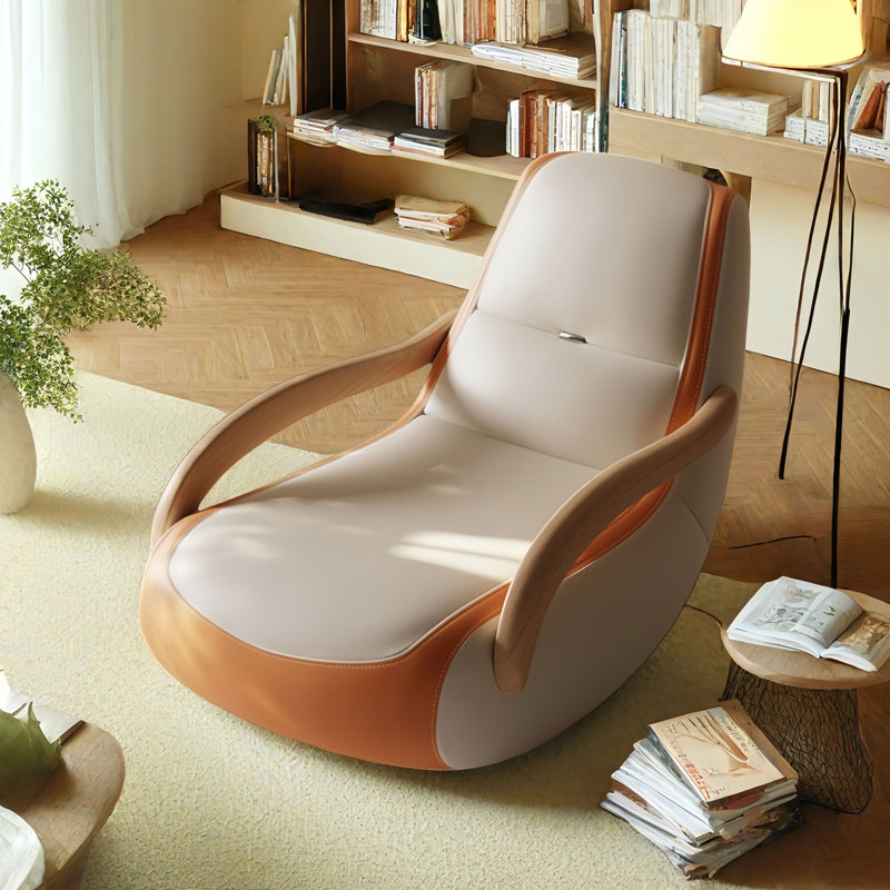 Chaise berçante moderne en bois massif rembourré, Blanc cassé