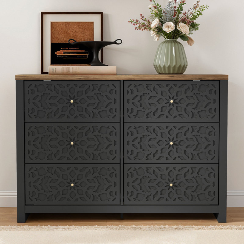 Lukasik 45.4'' W 6 - Drawer Dresser, Black/Knotty Oak