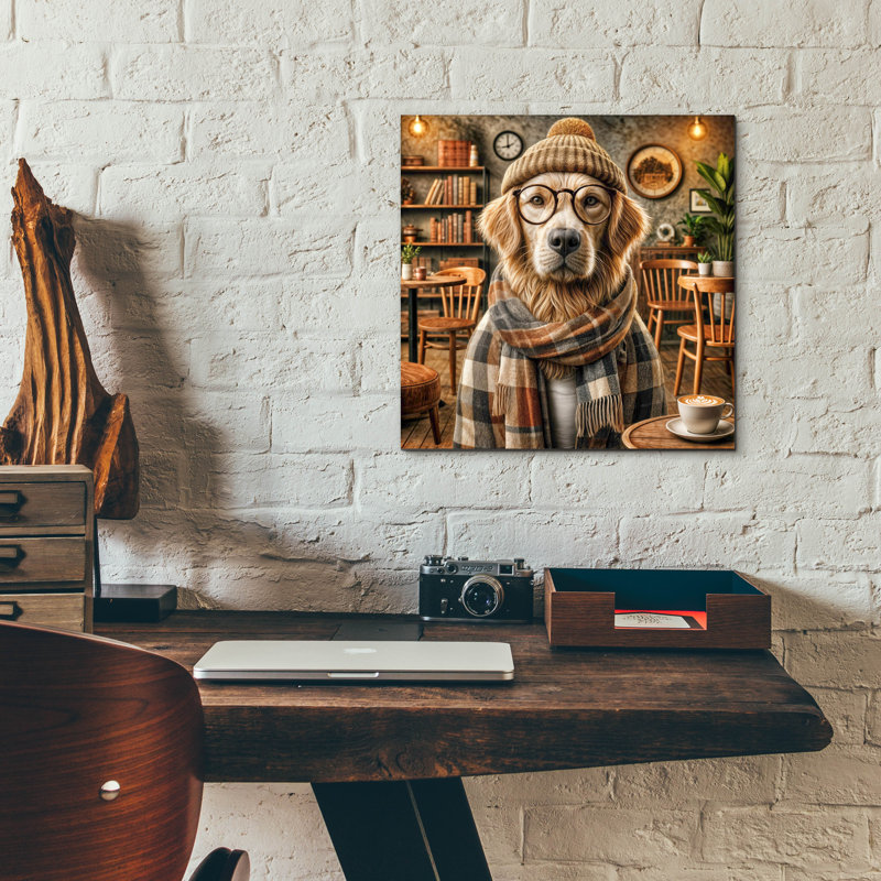«Hipster Dog - Golden Retriever» par Rey Klimt, art mural en verre acrylique, H 12 po x l 12 po x P 0,13 po