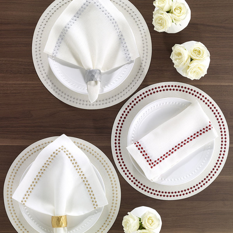 Pearls Vinyl Round Placemats, Pure White/Gold/Silver
