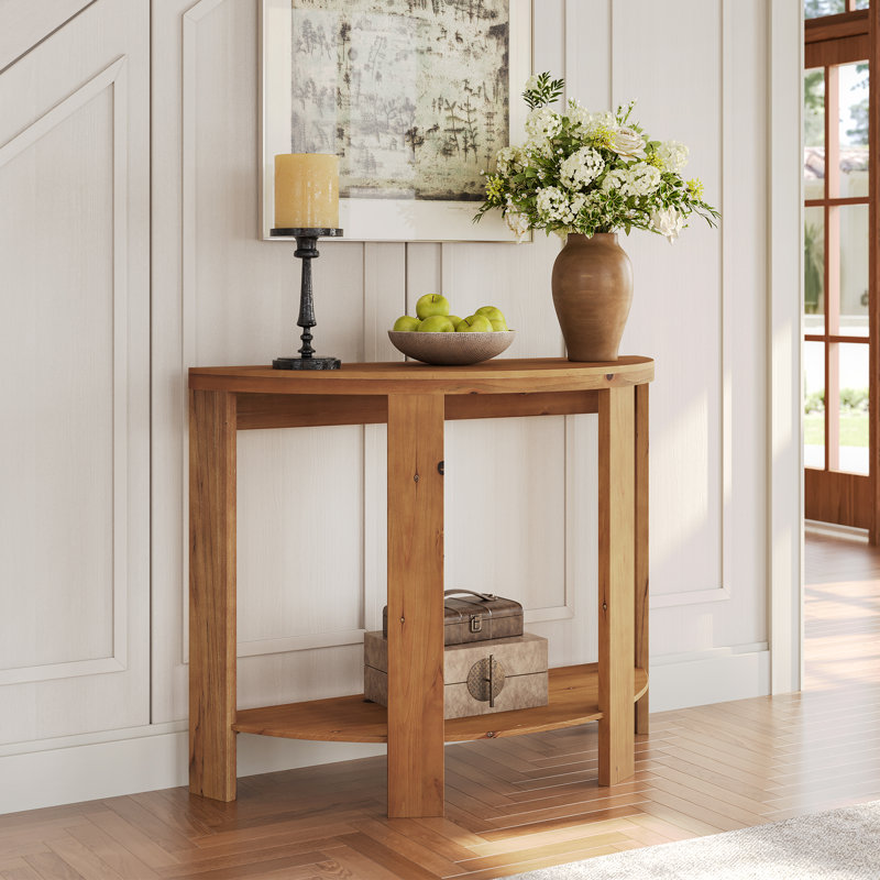 Console en bois massif, canapé demi-rond avec tablette inférieure