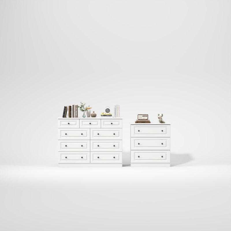 Ensemble de chambre à coucher 2 pièces: commode 9 tiroirs et commode 3 tiroirs (ensemble de 2), White
