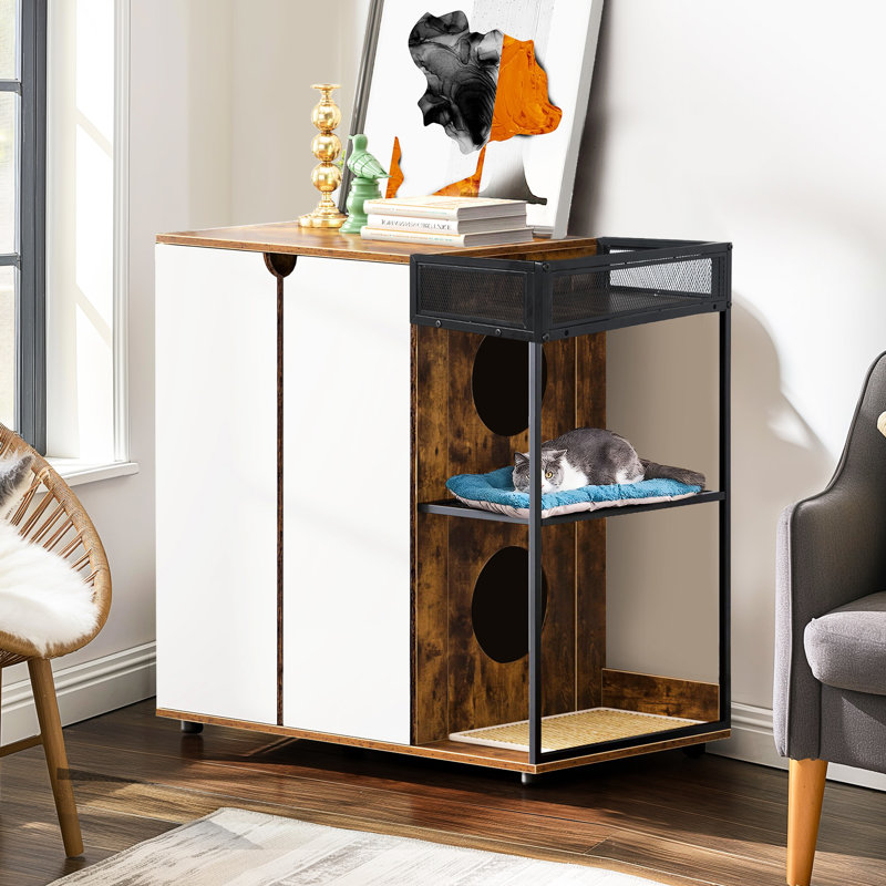 Enceinte de litière pour chat, ambiance brun rustique, 2 chats, armoire avec ventilation, côté pour chats avec grande capacité et coussins anti-éclaboussures
