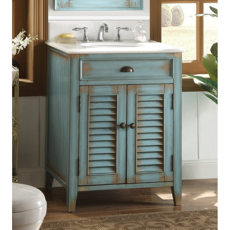 Benton Collection 26 Inch Cottage Freestanding Distressed Blue Abbeville Bathroom Vanity, Single Sink, Marble Top, Fully Assembled