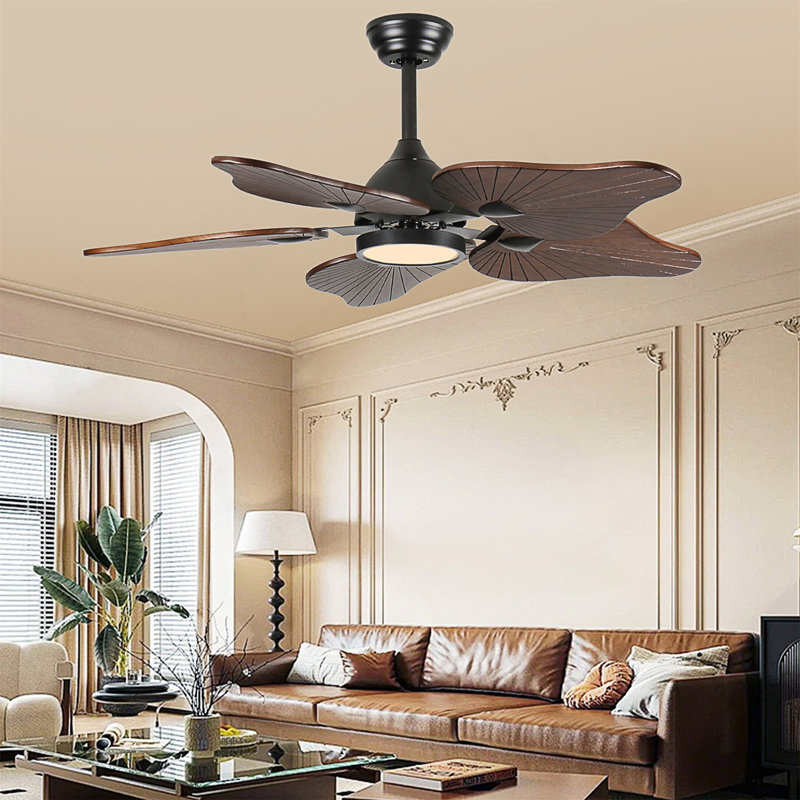 44-Inch Ceiling Fan With Light, 5 Solid Wood Blades, DC Motor, APP & Remote Control, Dimmable Full-Spectrum LED, Reversible Airflow, For 15X15 Ft Living Room Bedroom, Works On Sloped Ceilings