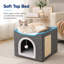 Maison de chat pliable en forme de cube avec patin à griffes en sisal et balle de jeu suspendue, lit pour chat intérieur à deux niveaux avec coussin lavable en laine d'agneau, peut supporter jusqu'à 30 lb, plusieurs tailles et couleurs en option-130829255