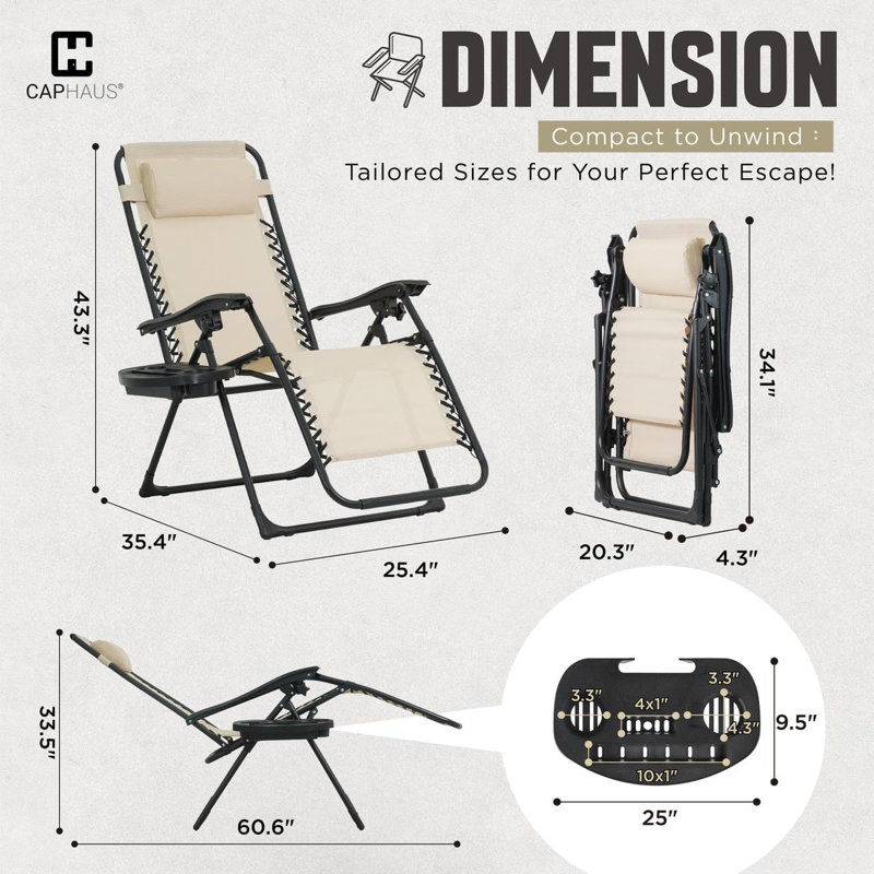 Zero Gravity Chair, Lounge Chair with Side Tray, 300LB Weight Capacity, Multiple Colors, Beige