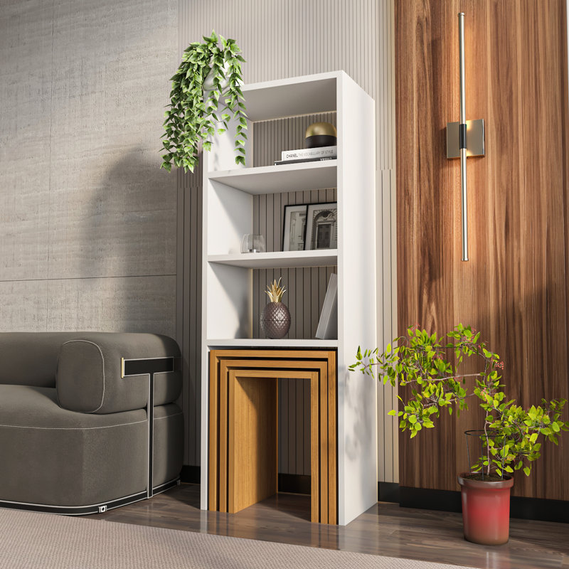Melo 121cm H x 43.6cm W Bookcase with 3 Pieces Coffee Table Set, Teak
