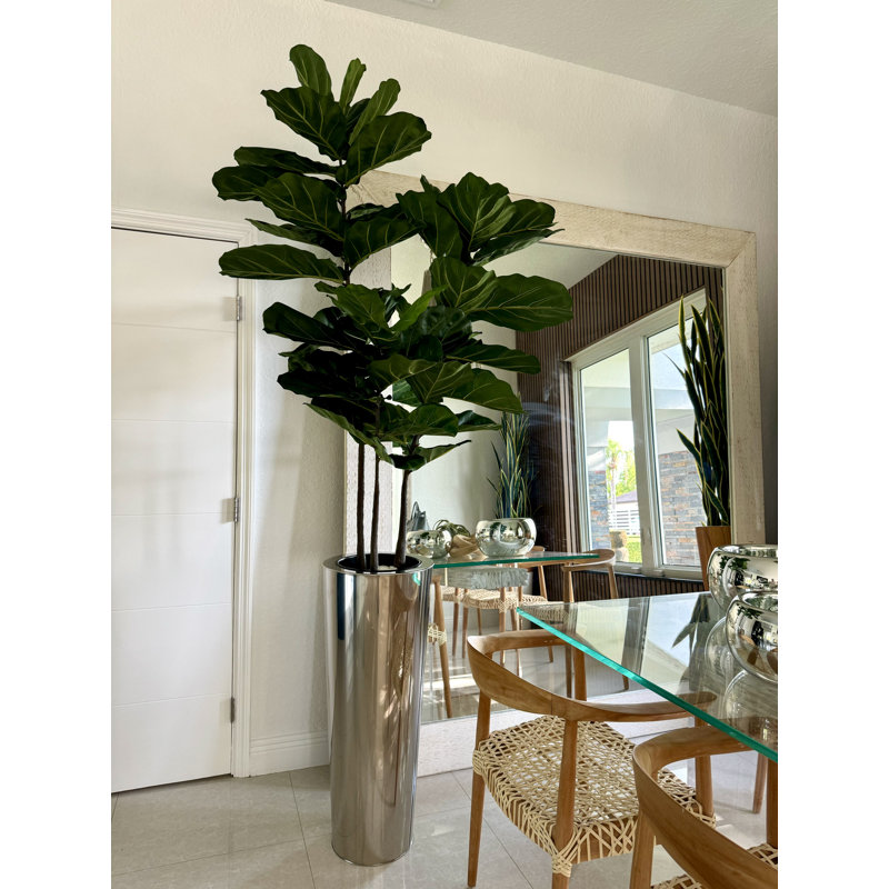 Fiddle 96'' Faux Fiddle Leaf Fig Tree in Metal Planter, 96" H x 42" W x 28" D, Silver
