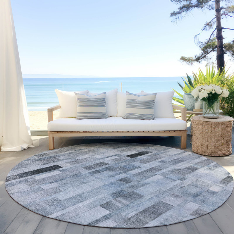 Machine Washable Indoor/Outdoor Claudian ACN1630 Blue Rug, Round 8'