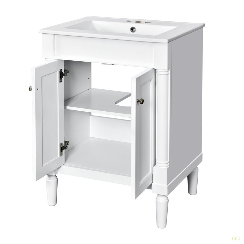 Meuble-lavabo 24 po avec lavabo supérieur, meuble de rangement moderne à 2 niveaux, meuble-lavabo simple, grandes tablettes de rangement
