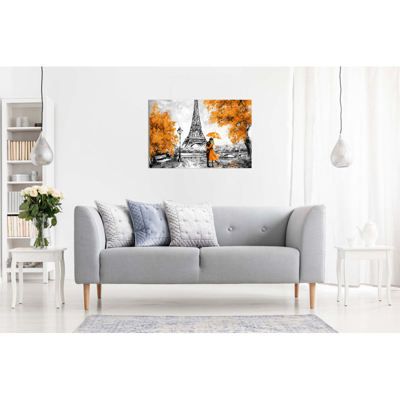 Paris Oil Painting Reproduction Eiffel Tower - Wrapped Canvas Print, 31cm H x 46cm W, Orange