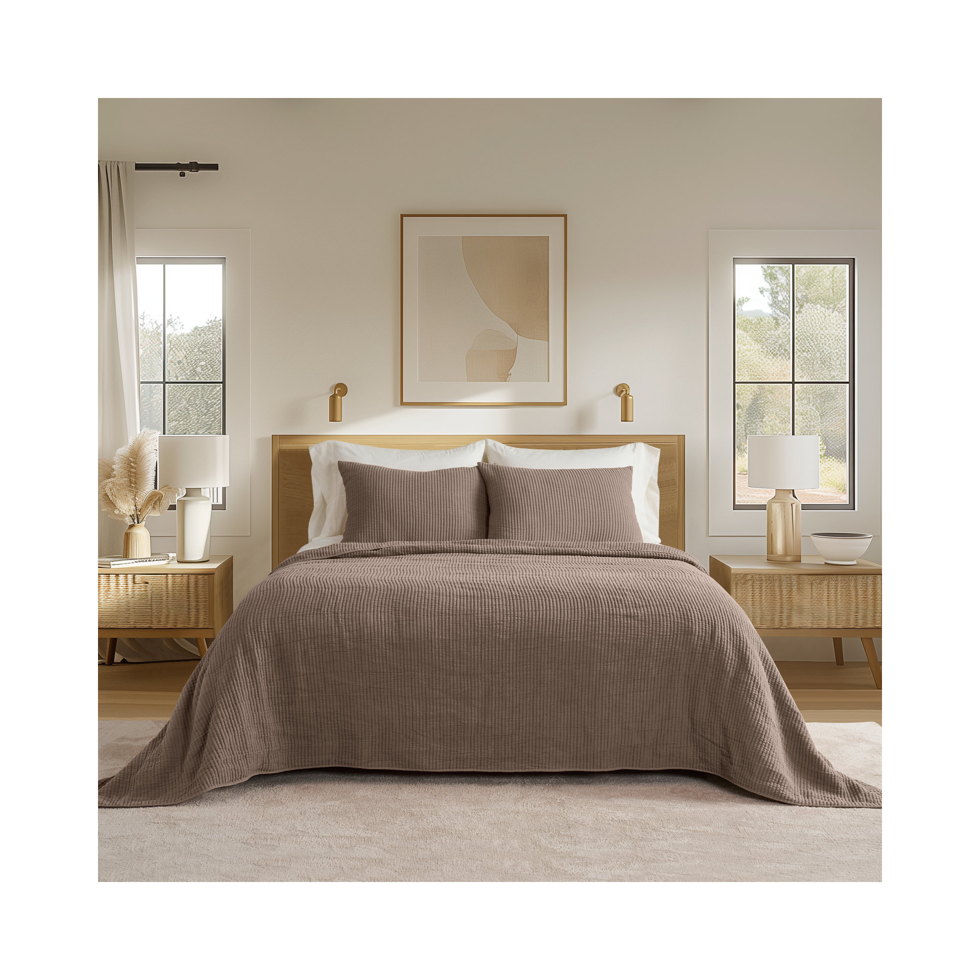 Ribbed Matelassé Cotton Coverlet Set, Mocha Brown, King Quilt + 2 King Shams