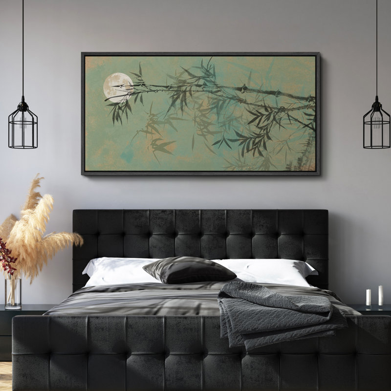 Décoration murale horizontale abstraite, moderne, minimaliste, moderne, tige, bambou, vert, lune, H 20 po x l 60 po