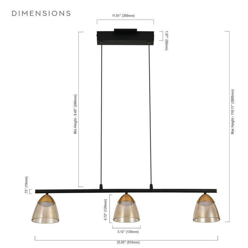 Roma Black 36" Height Adjustable LED Linear Chandelier