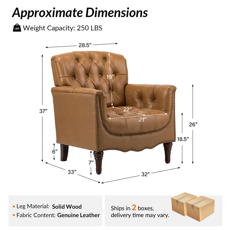 Fauteuil en cuir véritable capitonné Annja, Chameau
