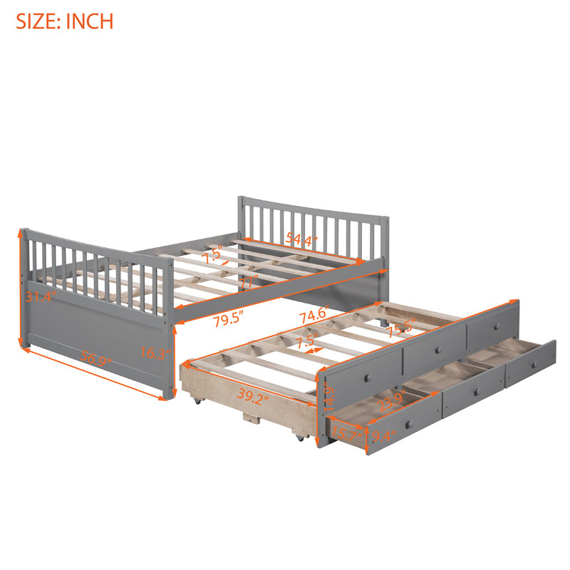 Clayhatchee 3 Drawers Bed with Trundle by Harriet Bee, Gray, Full