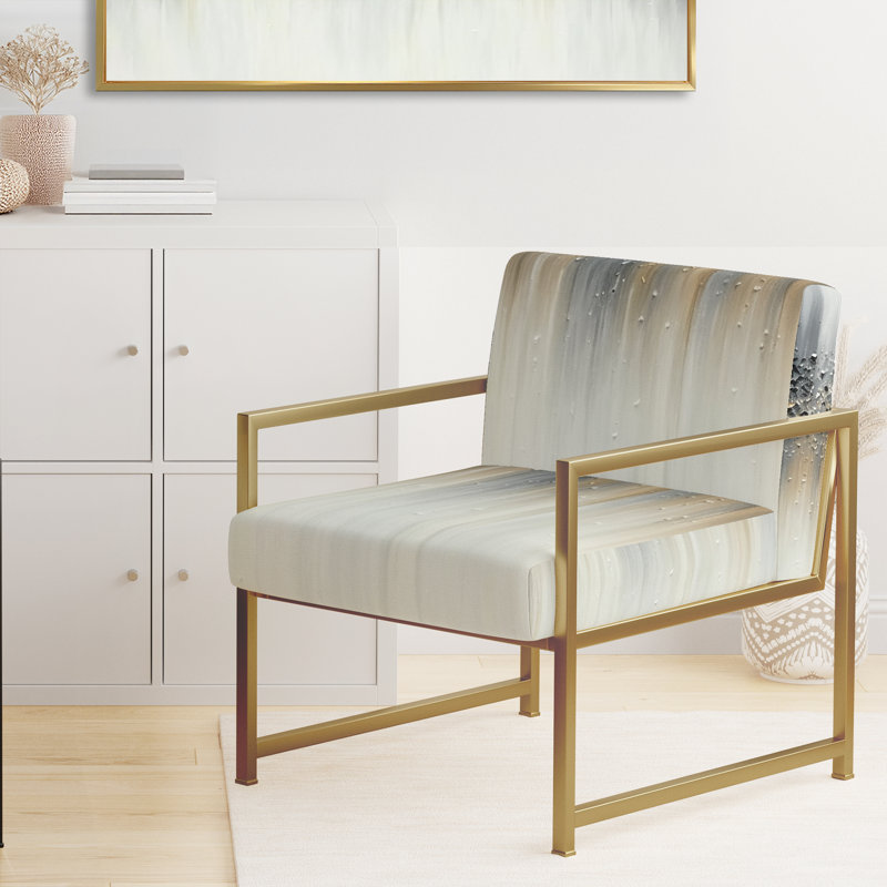 Chaise rembourrée contemporaine avec accoudoirs blancs Gentle Grey Serenity, Doré