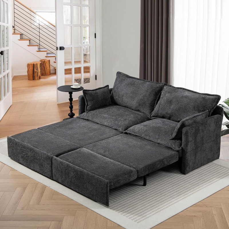 74" Pull Out Sofa Bed, Convertible Sleeper Sofa Bed With USB Ports, Corduroy Upholstered Couch With Chaise Lounge For Living Room, Guest Room, Dark Gray